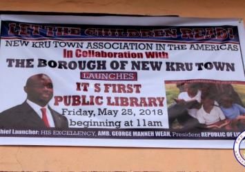 Banner for the Dedication ceremony of New Kru Town First Public Library.EXECUTIVE MANSION
