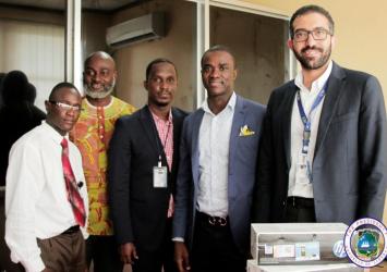 L-R Musa Dorley - Anthony Quiwonkpa- Herve Karege of IOM- Min Trokon Kpui and Amr Nagy of IOM.EXECUTIVE MANSION
