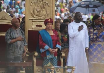 L-R Outgoing VP President Sirleaf President Weah and First Lady Clar WeahExecutive Mansion Photo