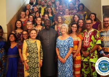 President Weah and US Ambassador pose with newly inducted Peace Corp VolunteersEXECUTIVE MANSION