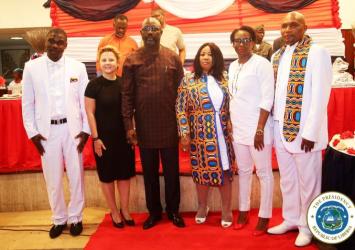 President Weah and US Ambassador pose with newly installed LIBA officialsEXECUTIVE MASNION