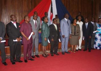 President Weah and VP Howard-Taylor pose with newly commissioned Officials.EXECUTIVE MANSION