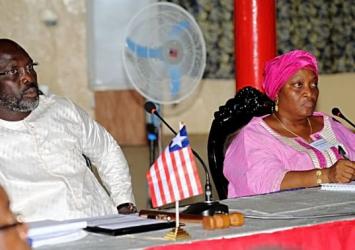 President Weah and Vice President Howard-Taylor Listen to presentation at the Cabinet Retreat.EXECUTIVE MANSION