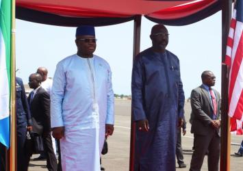 President Weah and his Sierra Leonean Counterpart on the Grand Stand at the RIA in Margibi.EXECUTIVE MANSION