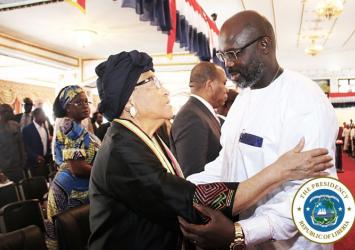 President Weah greets former President Ellen Johnson Sirleaf at the Thanksgiving and Intercessory ServiceEXECUTIVE MANSION