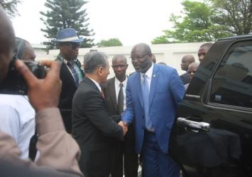 President Weah being received by Mr. Farid Zarif, Special Representative of the United Nations Secretary General at the U.N. Headquarters in Monrovia.Executive Mansion Photo
