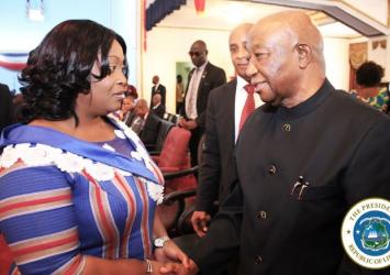 Vice President Jewel Howard Taylor chats with former Vice President Joe Boakai at the Independence Day Thanksgiving and Intercessory ServiceEXECUTIVE MANSION